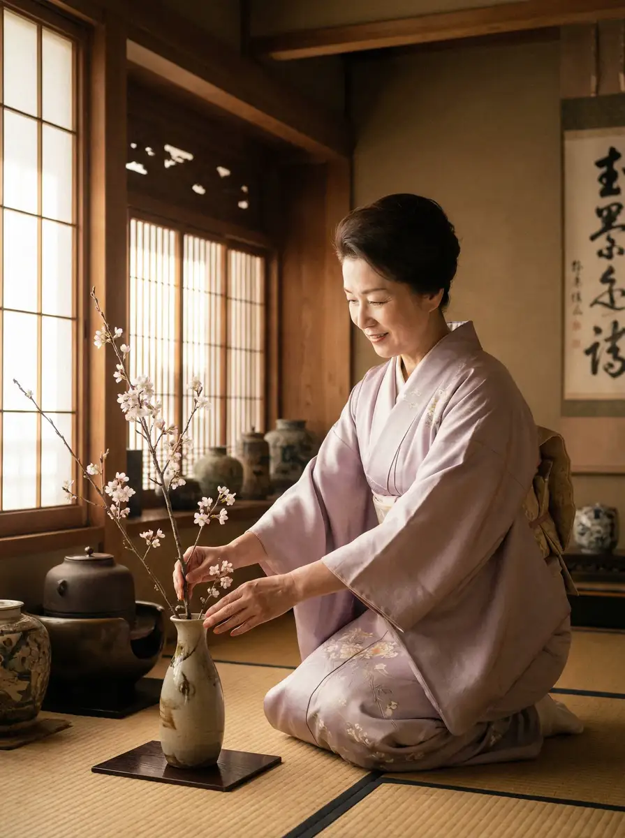 一位优雅的 后入视频 在和室中插花